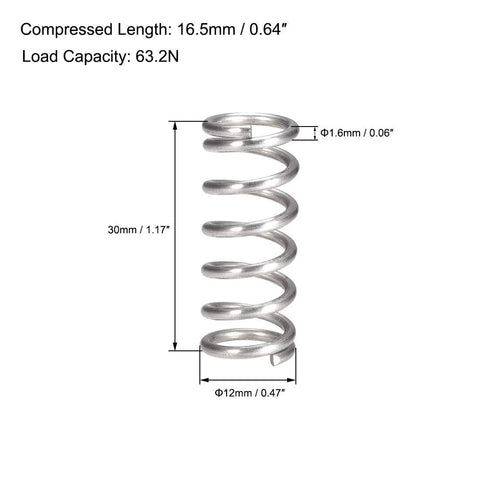 uxcell compression spring, 304 stainless steel, 12mm OD, 1.6mm wire, 16.5mm compressed length, 30mm free length, silver, 10pcs