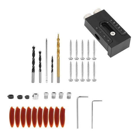Pocket Hole Jig Kit With Dual Guides And Oblique Drilling Locator, Pro Grade Aluminum Alloy Pocket Jig For Precise Angled Joints In Carpentry, Cabinet Making, And Furniture Assembly, showing drill bits, screws, and guides.