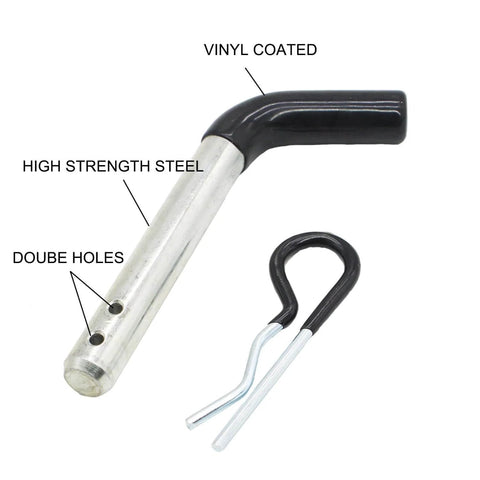 Built To Last Zinc Plated Steel Trailer Hitch Pin And Clip Set One Half Inch Diameter Fits Class One And Class Two Hitches Vinyl Coated Head For Extra Durability Four Pack For Easy Replacements close-up of pin and clip showing vinyl coating and holes.