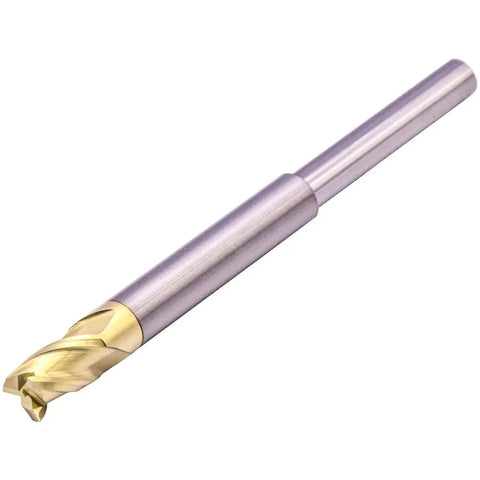 High Performance Two Piece Three Flute Thirty Seven Degree Helix Solid Carbide End Mills For Aluminum With Five Sixteenths Diameter And Quarter Inch Reduced Shank For Router ZRN Coated Half Inch Length Of Cut And Three And Three Quarters Inch Overall