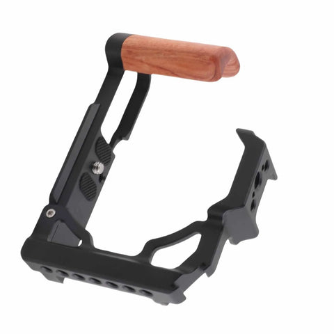 Wood Handle Camera Cage For ZFC Aluminum Alloy Metal Cage with one quarter inch and three eighths inch screw holes and cold shoe mount