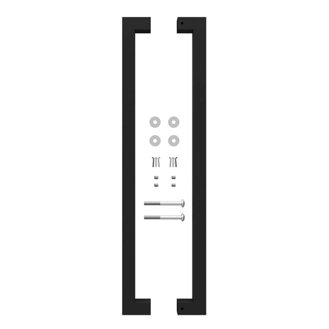 24 Inch Barn Door Push Pull Pro Grade Handle Set In Matte Black Stainless Steel Square Commercial Door Pull shown with installation parts