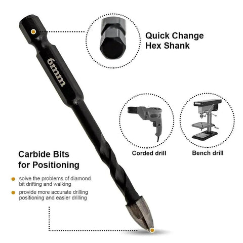 Dry Diamond Drill Bit Set With Four One Quarter Inch Diamond Core Bits And One Quarter Inch Carbide Drill Bit For Ceramic Tile Marble And Porcelain 6mm Quick Change Shank By SHDIATOOL showing a 6mm carbide bit with hex shank and tools for positioning.
