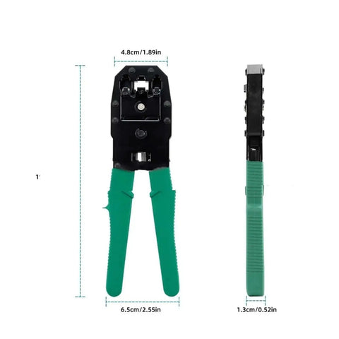 Front and side view of crimping pliers from All In One Five Piece Network Tool Set with measurements, high carbon steel, green handles.