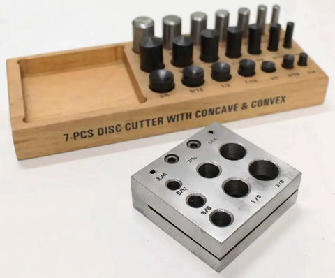 Twenty One Piece Disc Cutter Set With Flat Concave And Convex Tops In A Handy Wooden Tray For Metal Shaping And Clean Disc Cuts