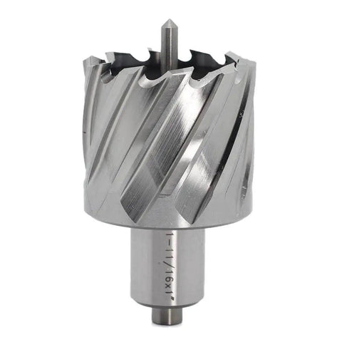 Annular Cutter One And Eleven Sixteenths Inch Diameter With One Inch Cutting Depth For Magnetic Drill Press Three Quarter Inch Weldon Shank With Two Flats Pilot Pin Included Dual Teeth Thin Wall Design For Faster Holes Oscarbide