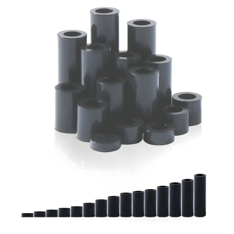 200Pcs ABS Black Round Spacers Set 15 Sizes OD 7mm ID 4.1mm for M4 Screws Non Threaded Column Standoff Round Tube Plastic Washers