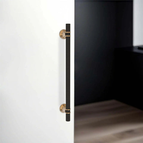 Side view of Six Pack 10 Inch Cabinet Pulls Knurled Matte Black And Champagne Bronze Aluminum And Zinc Alloy Drawer Handles installed