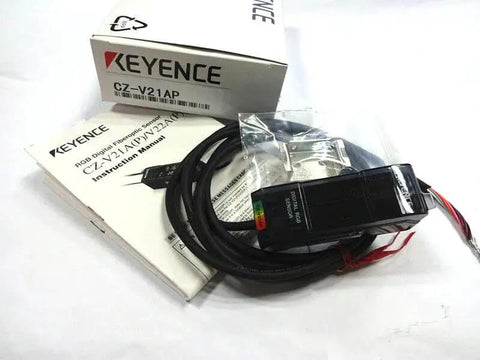 Keyence CZ-V21AP Fiber Optic Color Mark Sensor PNP Output with cable and manual, ideal for automation color detection.