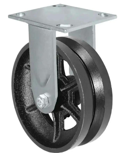 Heavy Duty Six Inch V Groove Wheel Caster Set Rigid Plate For Carts Six Inch Diameter Two Inch Wide Tread Castor