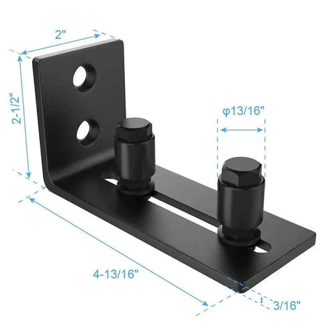 Black Floor Guide And Bottom Wall Guide Set For Barn Doors With Flush Design Flat Bottom Stay Roller Two Pack Heavy Duty Cast Iron Rust Resistant Powder Coat 5 Mm Thick 4.72 In Length 5.26 In Height 2.05 In Wide, showing dimensions