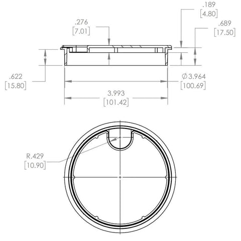 Technical drawing of Round Wire Management Grommet With Removable Lid, 4 Inch Cut Hole, White PVC Cable Grommet dimensions and measurements.
