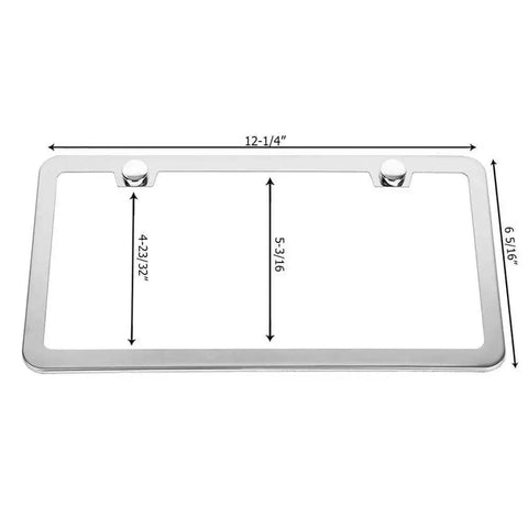 Stainless Steel License Plate Frame Set With Chrome Screw Caps Slim 2 Hole Design, dimensions shown, rustproof mirror silver finish.