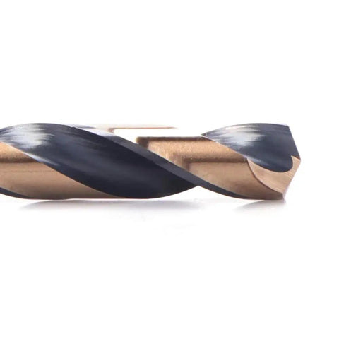 Close-up of a black and gold twist drill bit from the 12 Piece Black And Gold Coated Twist Drill Bits Set, Sixteenth Inch Diameter, 4 Inch Length.