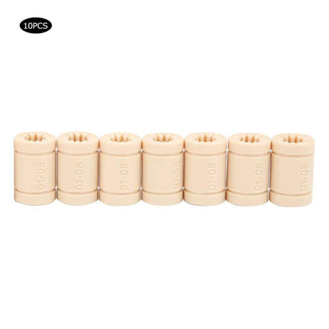 10 Pieces LM8UU Plastic Linear Bushings for 3D Printers, aligned on white background, smooth sliding bearings for 8mm rails