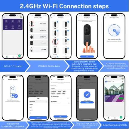 Step-by-step 2.4GHz Wi-Fi connection for Doorbell Camera M52 Outdoor Indoor 1080 HD Night Vision setup on smartphone app.