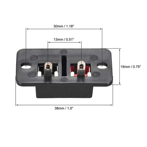 Two Way Spring Speaker Terminal Clips Push Release Connector Block For Audio Wiring, 2 Pin 2 Positions, dimensions labeled