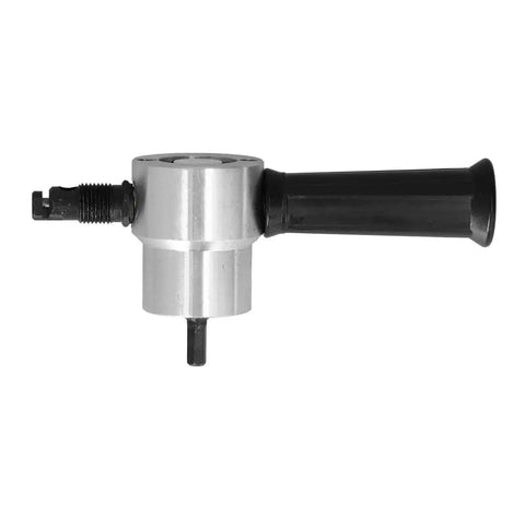 Side view of Double Head Metal Nibbler For Cutting Iron Steel Copper And Aluminum with 360 degree rotating handle and hex drill bit