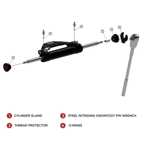 Exploded view of DIY Friendly Hydraulic Cylinder Seal Kit With Pin Wrench For Outboard Hydraulic Steering System Replacement.