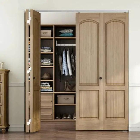 72 Inch Bifold Door Hardware Kit For 4 Doors With 18 Inch Panels Top Mounted Folding Sliding Barn Door Hardware Featuring 3 Wheel Hangers And Ball Bearing Rollers Supports Up To 300 Lbs Total Ideal For Bedroom Bathroom Closet Living Room installed on wooden closet doors.