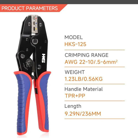 Front view of HKS-125 crimping tool with blue and red grips for AWG 22-10 heat-shrink connectors.