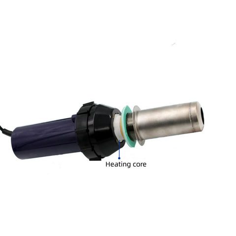 Side view of hot air welder gun with exposed heating core, green insulation ring, blue handle, and metal nozzle.