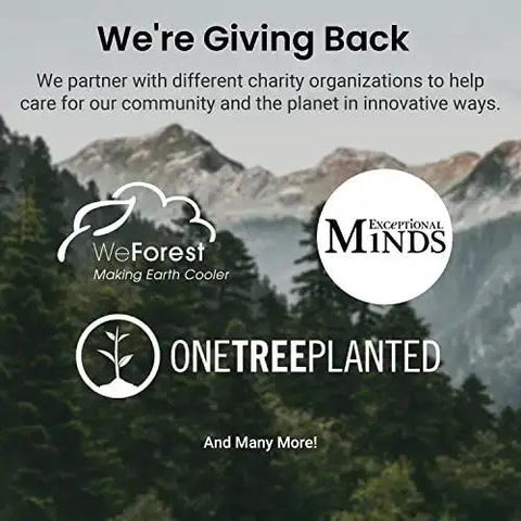 Nature background with WeForest, Exceptional Minds, and One Tree Planted logos, highlighting charity partnerships for giving back.