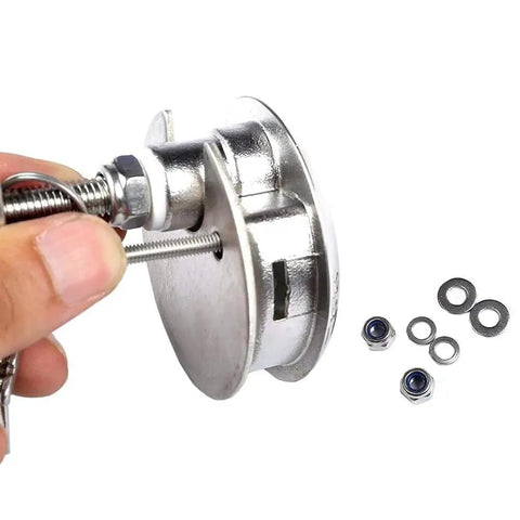 Close-up of Mizugiwa marine stainless steel locking hatch lift with mounting hardware, pack of 2