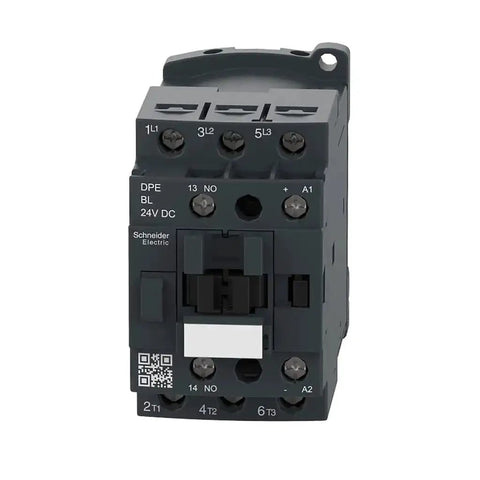 Front view of DPE18BL Easy TeSys 24VDC Coil Contactor With Screw Clamp Terminals for HVAC, pumps, and compressors.