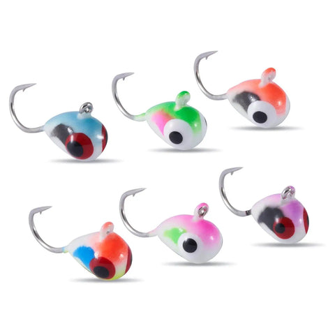 Glow Paint Tungsten Ice Fishing Jigs 6 Pack For Winter Crappie And Bluegill Dope Glow In The Dark With Fast Drop, multi-color heads