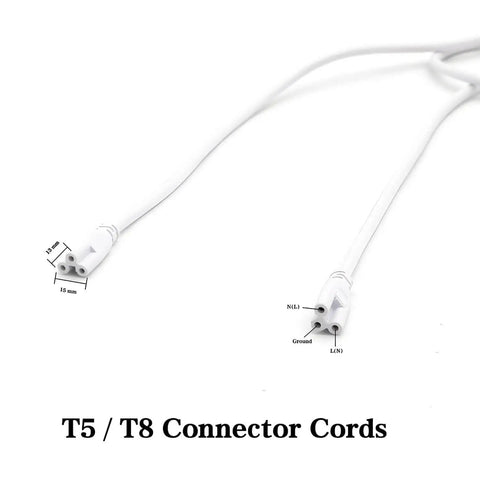 5 Foot T5 T8 LED Extension Cords 3 Prong Plug In Power Cable For Integrated Tube Lights Extends Light Fixtures From Strip To Strip Great For Shop Garage And Under Cabinet Lighting Pack Of Four showing T5 T8 connector cords with plug ends over white background.