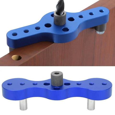 Pro Grade Dowel Drill Guide Jig For Woodworking With Aluminum Alloy Construction And Cr12 Steel Bushings, Precision Hole Positioner For Furniture Making And Cabinet Assembly, 140mm Blue shown working on wood and displayed separately