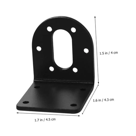 Front view of black L-shaped motor mounting bracket for 37 series, showing dimensions, part of 4 Pack DC Gear Motor Mounting Brackets L Shape Fixed Seat Holder For 37 Series Gear Reduction Motors Dope Rugged Small Motor Mount Bracket Replaces Broken Motor Holder Car Mount Ready Ideal For DIY Robotic Projects And Micro Motors.