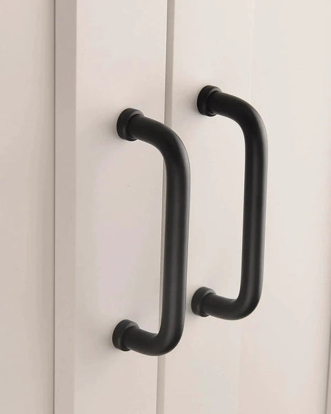 Five Pack Matte Black Modern Cabinet Pulls 3.75 Inch Hole Center 96mm Dresser Drawer Cupboard Handles mounted on white door