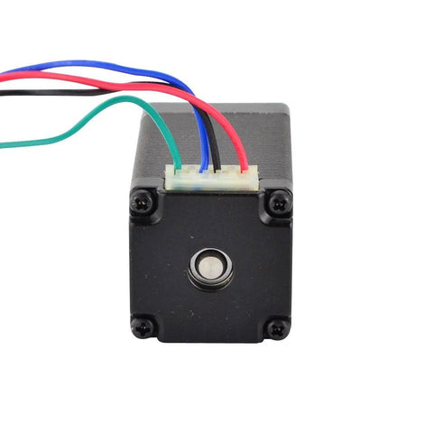 Stepper motor Nema 11, front view, black housing with four colored leads and visible shaft.