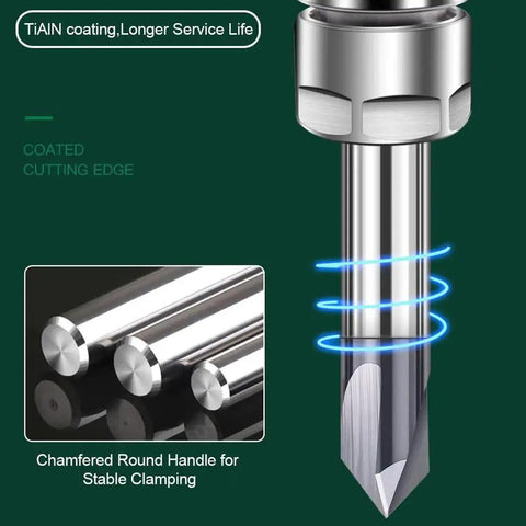 Close-up of TiAlN coated carbide V groove end mills, showing 3 flute CNC router bits with stable clamping chamfered round handle.