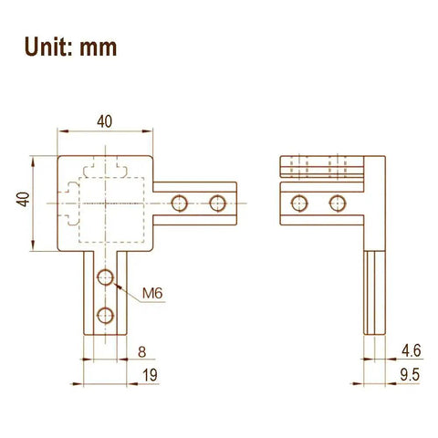 Technical drawing of 4 Piece Black 3 Way End Corner Bracket Connector With Screws for 8mm T Slot Aluminum Extrusion Profile 4040 Series