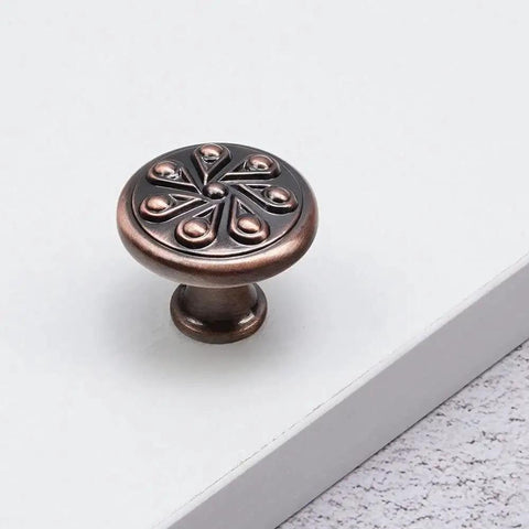 Antique Copper Round Cabinet Knob with decorative design, part of the 5 Pack for Drawers and Wardrobes, Zinc Alloy Decorative Pull Handles, 1-3/16 Inch Diameter