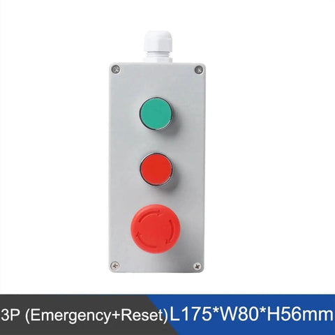 Front view of DIY Metal Push Button Control Box Explosion Proof Junction Waterproof Box with 3P emergency reset buttons.
