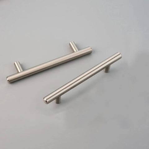 Brushed Nickel Stainless Steel Cabinet Pulls 6 Inch Overall Length With Four Inch Hole Centers And Half Inch Projection, pair on grey