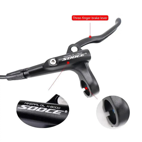 Side view of black aluminum MTB hydraulic brake lever with three-finger design and mineral oil label.