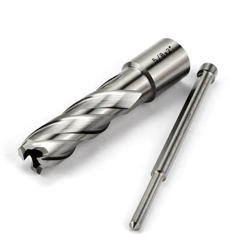 Fast Cutting HSS Annular Cutter For Magnetic Drill Press Five Eighths Inch Cutting Diameter Two Inch Depth Three Quarters Inch Weldon Shank With Two Flats And Pilot Pin By Oscarbide shown in metallic finish