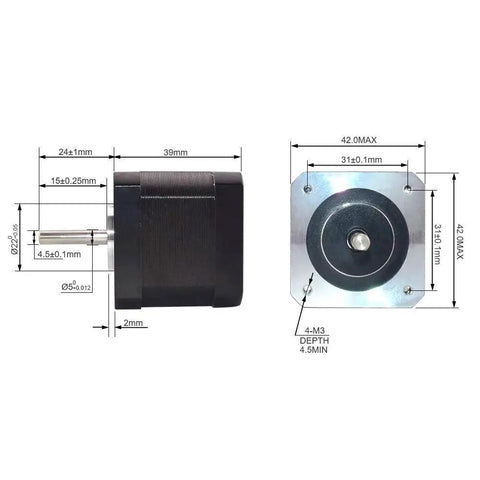 Three Pack Nema 17 Stepper Motors 1.5A 12V High Torque 45Ncm 63.74 Oz In 4 Lead 39mm Body With 1m Cable And Connector diagram