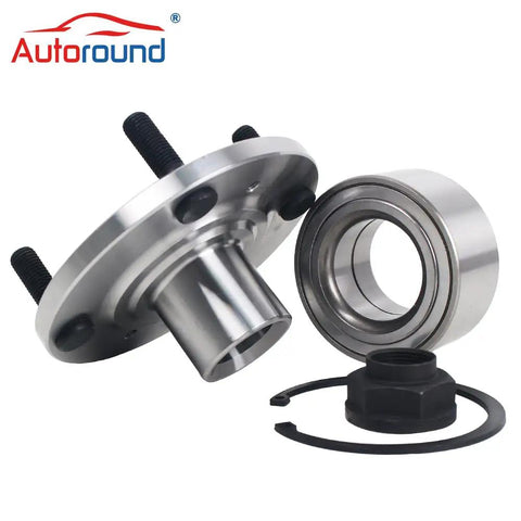 Drop In Replacement Pair Front Wheel Hub And Bearing Assembly For Honda Accord 2 3L 1998 Through 2002 With Non ABS 4 Lug Front Left Or Right That Is Quality Tested For Smooth Operation. Shown are the components including hub, bearing, nut, and retaining ring.