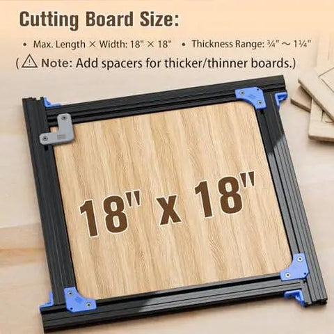 Router Jig For Cutting Boards, fits up to 18x18 inches, adjustable guide in black with corner guides on wooden cutting board.