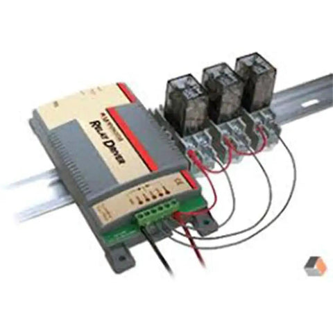 RD1 Relay Driver Programmable Logic Module For Solar Power Systems With High And Low Voltage Alarms connected to relays on a rail