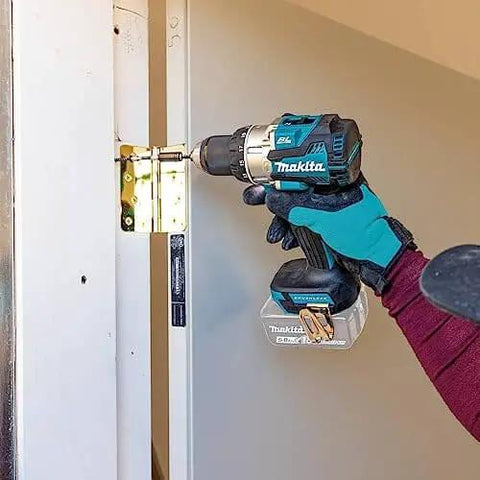 Person using 18V LXT Brushless Compact Hammer Drill Driver One Half Inch Cordless Tool Only, 970 Inch Pounds Max Torque, Longer Run Time Per Charge
