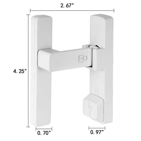 Matte White 90 Degree Barn Door Lock With Dual Locking System Zinc Alloy Right Angle Latch dimensions shown