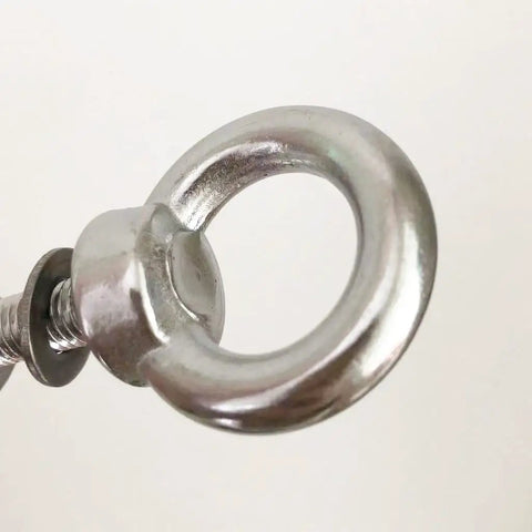 Close-up of Heavy Duty Stainless Steel Eye Bolt Set, M8 Shoulder Eyebolt, Five Sixteenth Inch By Three Point One Five Inch, Two Pack With Nuts And Washer