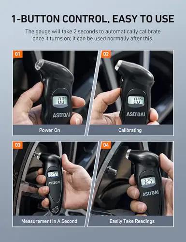 Digital Tire Pressure Gauge With Backlit LCD, Non Slip Grip, And Replaceable AAA Batteries For Cars Trucks And Bikes, 0-150 PSI Four Units Bar KPa KgF Cm2 Presta Valve Adapter Included, showing steps to use the gauge.